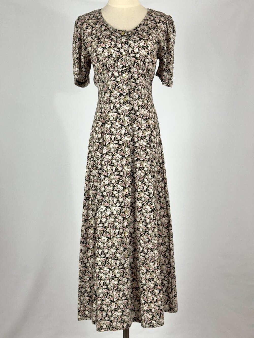 Vtg 90s All That Jazz Black Floral Rayon Button Front Maxi Dress Babydoll Grunge - Picture 2 of 11